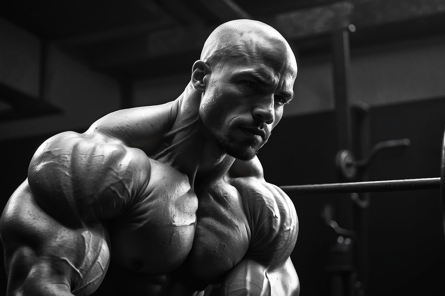 Akkomed szteroid rendelés – Testépítő férfi intenzív edzés közben, izmos fizikum, erő és fókusz.