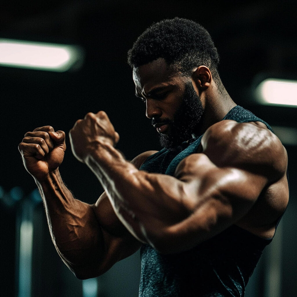 Izmos férfi karját feszíti edzőteremben – a szteroid rendelés ereje a látványos izomnövekedésért.