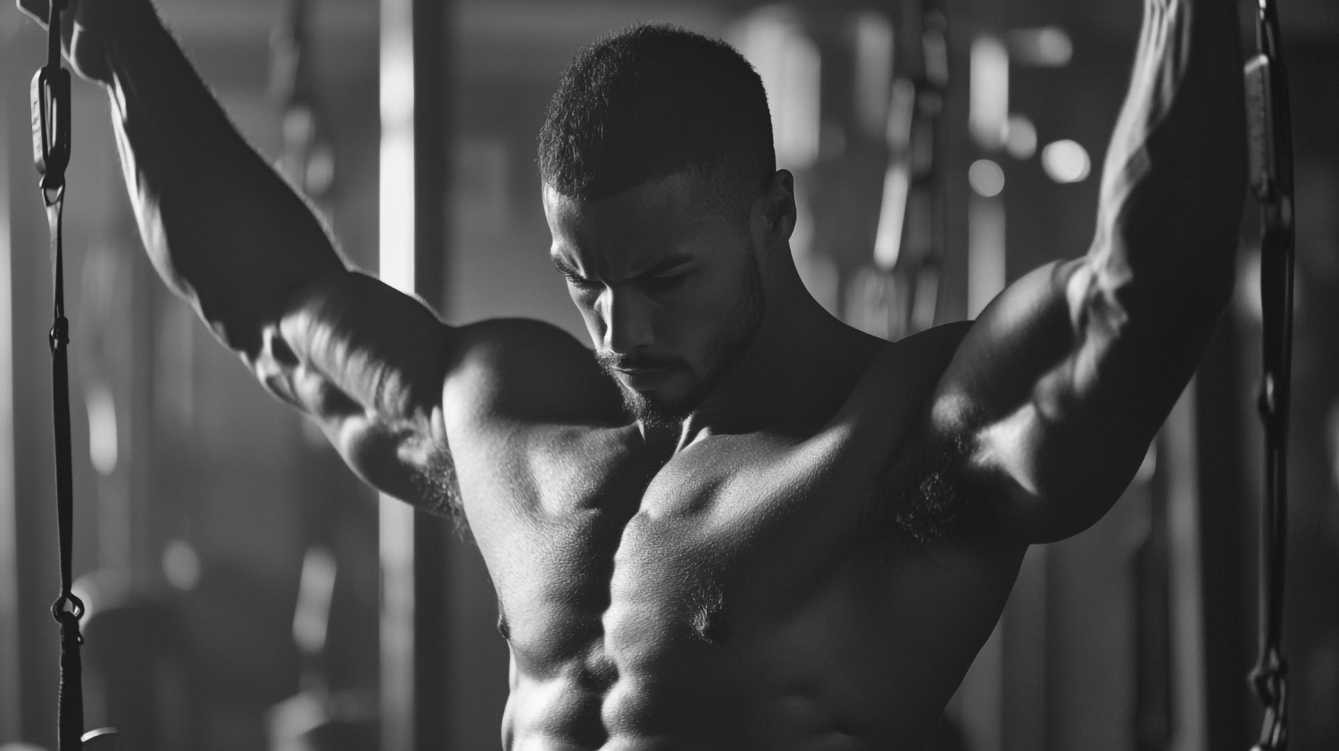 Szteroid shop edzés közben lévő izmos férfi, amely az izomnövelést és erőfejlesztést mutatja