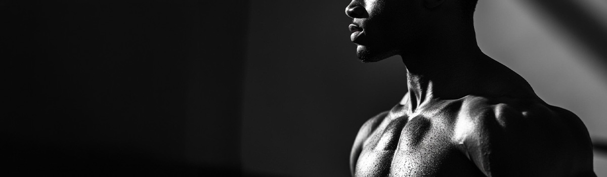 Szteroidok rendelése során elérhető izmos férfi felsőtest profil nézetben, erőteljes megvilágítással és definiált izomzattal